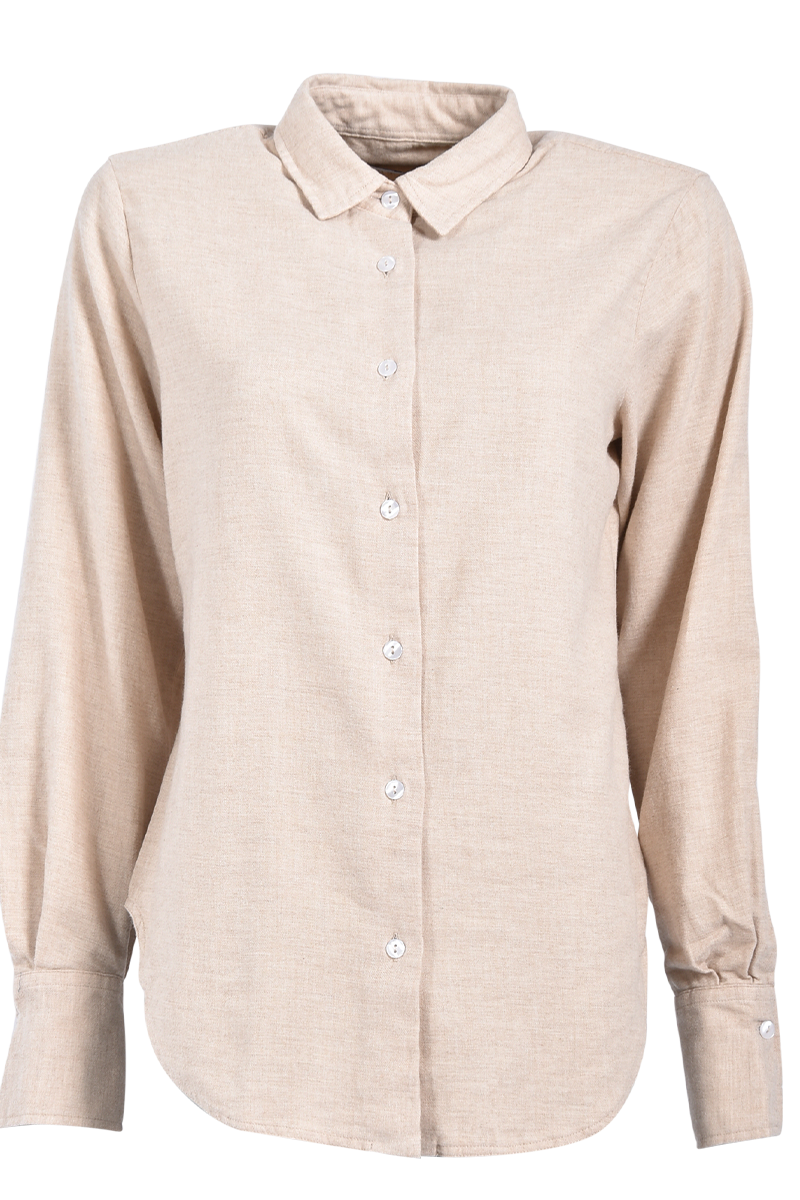 Melierte Flanellbluse mit Kellerfalte und abgerundetem Saum von STEEN