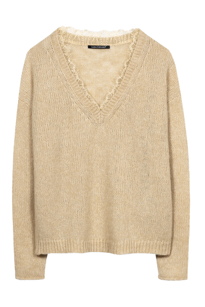 V-Pullover aus Alpaka-Mix und Spitze von LUISA CERANO.